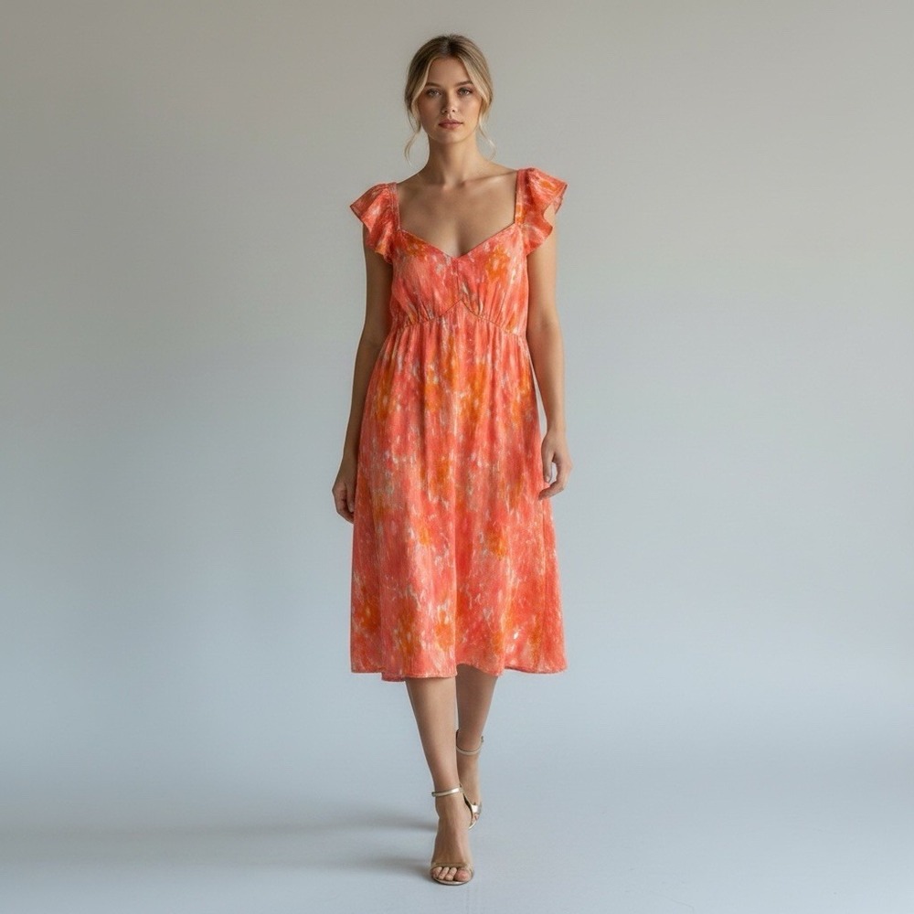 New Maxi Midi Empire Resort Cottagecore Comfort Fit Flutter Dress XL 16-18 Coral